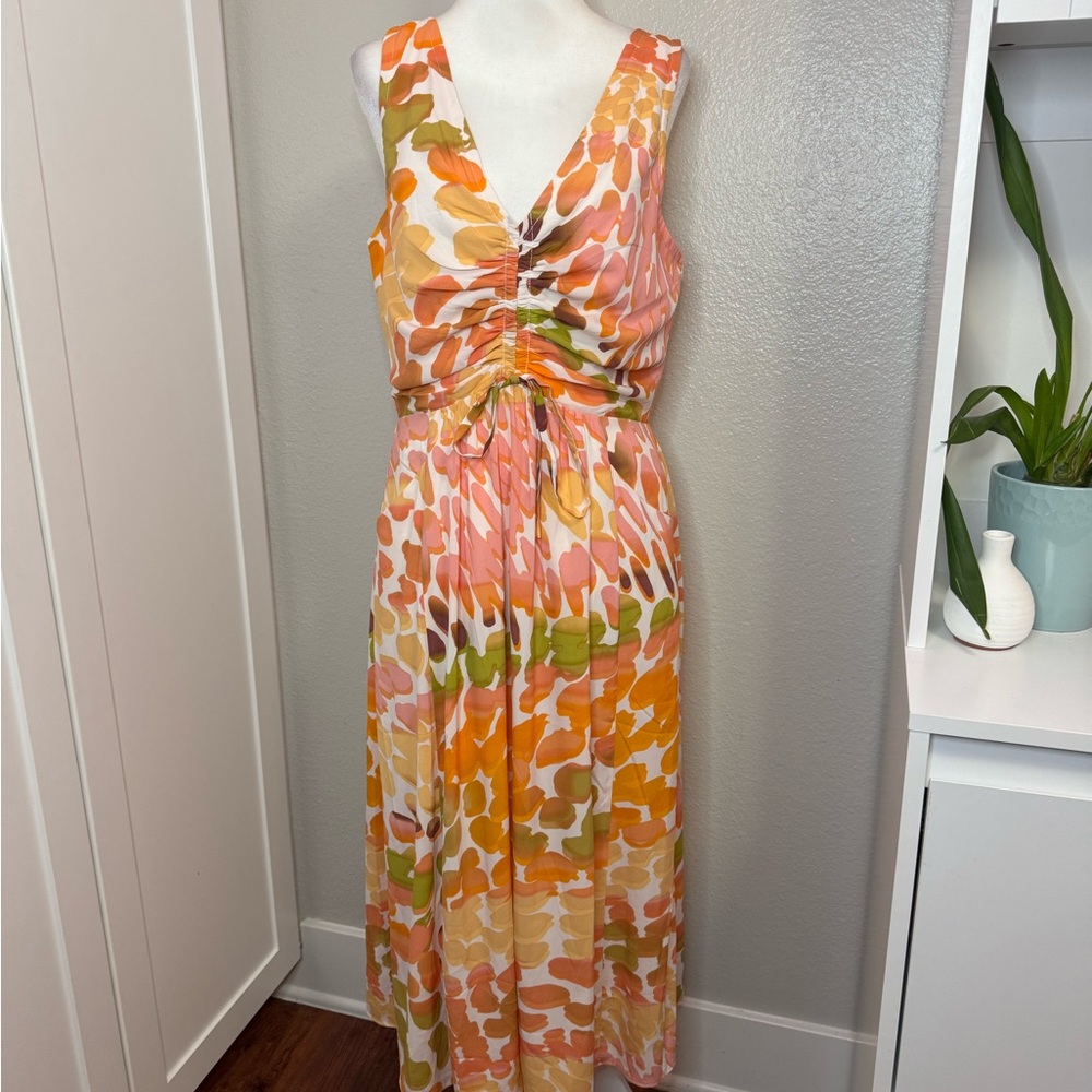 Maggy London Peach and Green Midi Dress w pockets